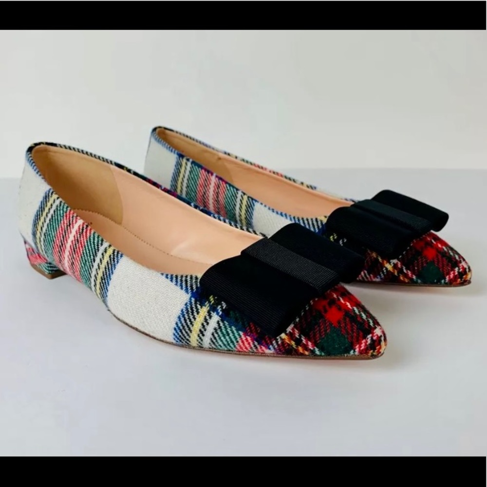 J Crew Snowy Stewart tartan point toe ballet flat with bow - Size 7